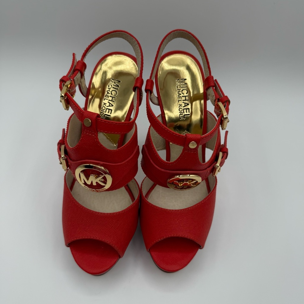 Michael Kors Mackenzie Saffiano Leather Logo Platform Sandal Luggage Size 7.5M - Picture 6 of 17
